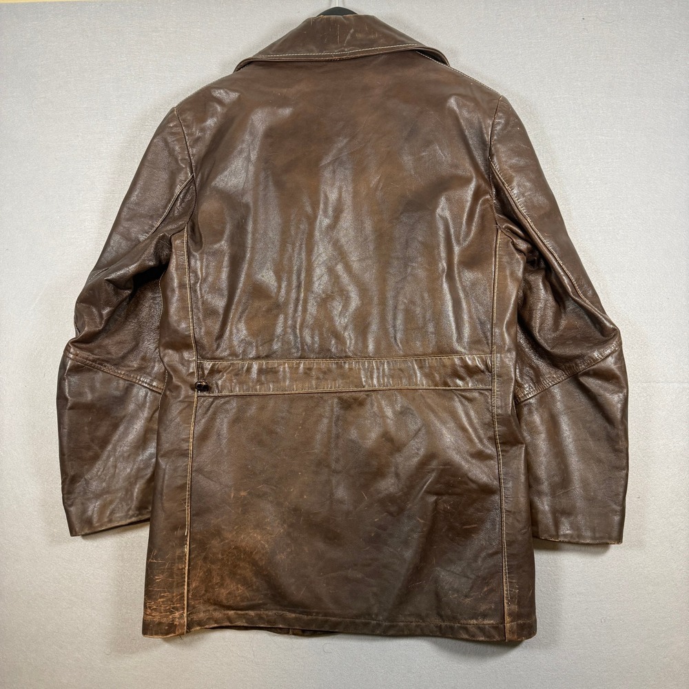 Vintage 70's Towncraft Leather Jacket Safari Coat Size 38 Brown Front Pockets - Picture 7 of 15